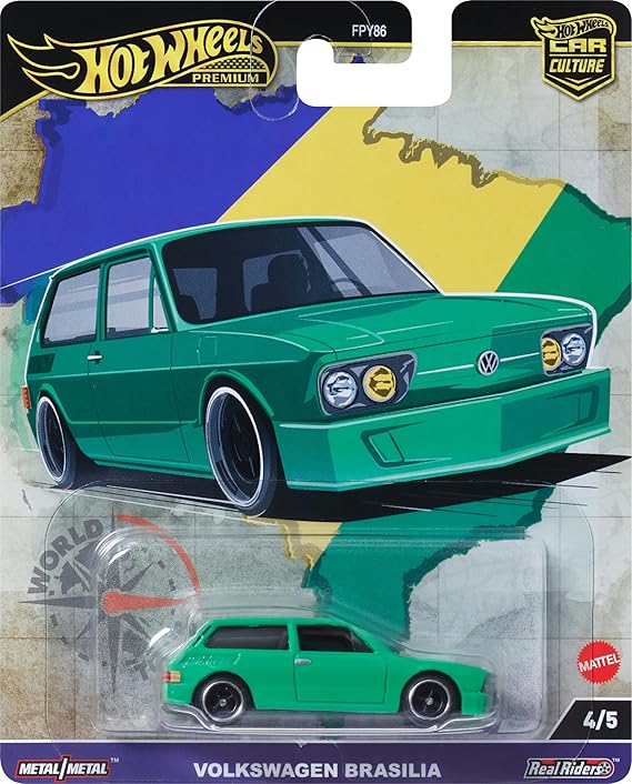 Hot Wheels Premium Car Culture Collectible Toy Car, 1:64 Scale Die-Cast VW Brasilia T9678, World Tour Vehicle with Real Riders Tires