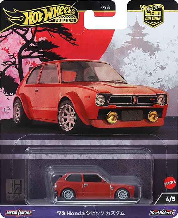 Hot Wheels Premium Car Culture Collectible Toy Car, 1:64 Scale Die-Cast '73 Honda Civic Custom, Japan Historics 4 Vehicle with Real Riders Tires