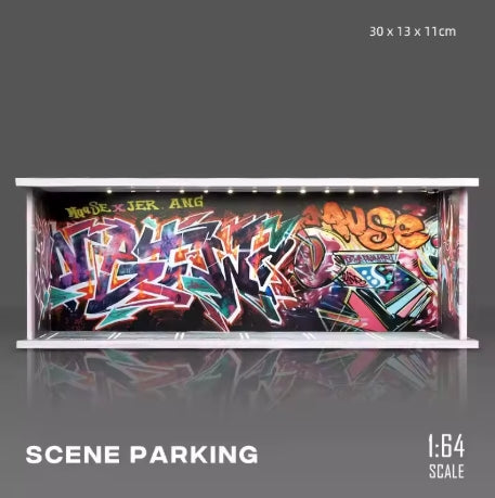 KW384 1/64 Scale Assembly Scene Parking Lot Display Box Light Version PVC Space Model 30X13X11cm Miniature Display Frame