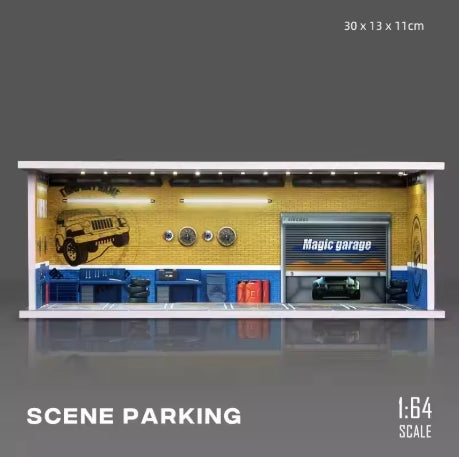 KW384 1/64 Scale Assembly Scene Parking Lot Display Box Light Version PVC Space Model 30X13X11cm Miniature Display Frame