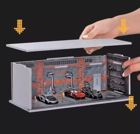 KW384 1/64 Scale Assembly Scene Parking Lot Display Box Light Version PVC Space Model 30X13X11cm Miniature Display Frame