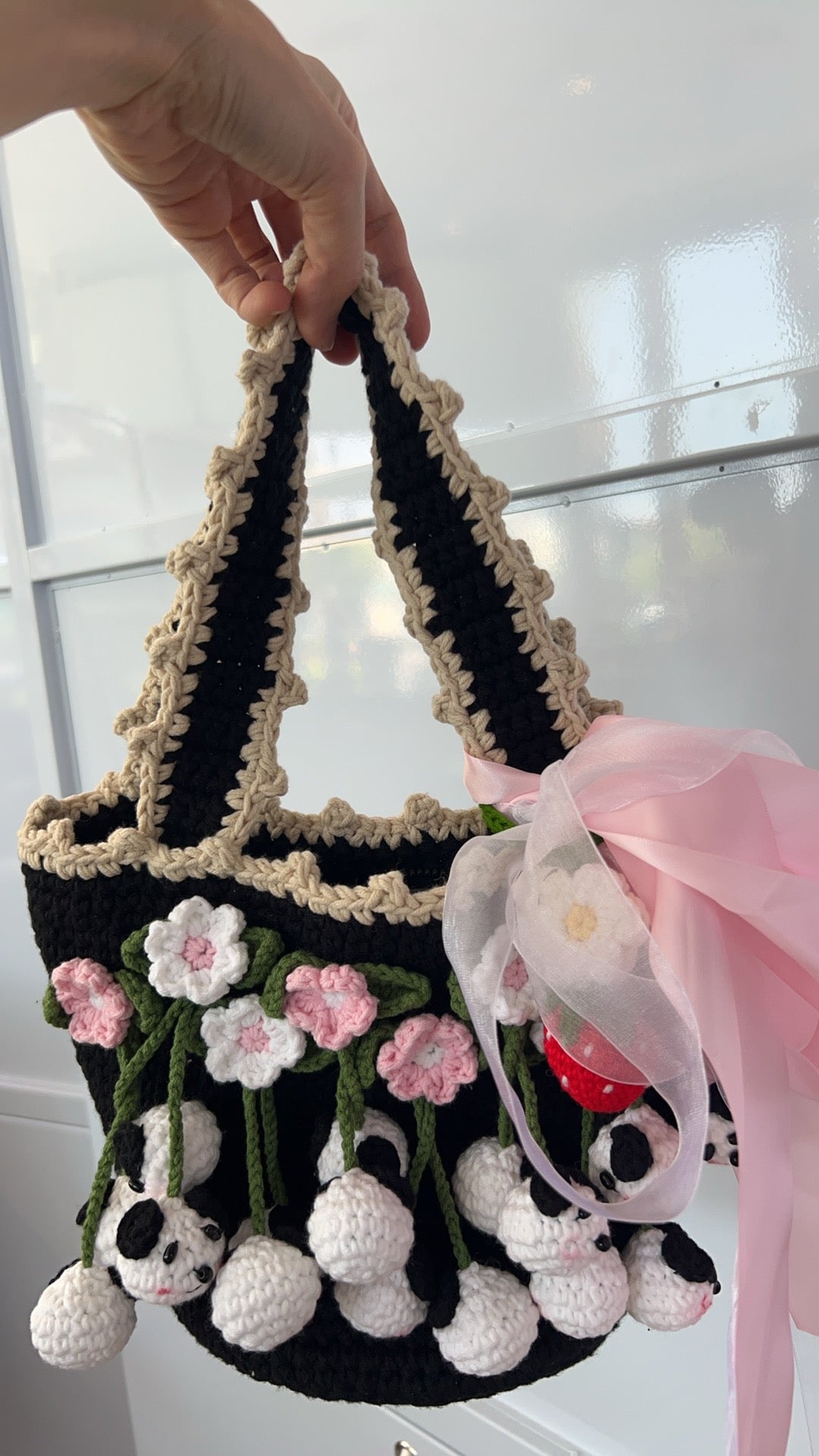 Hand-knitted flower bag