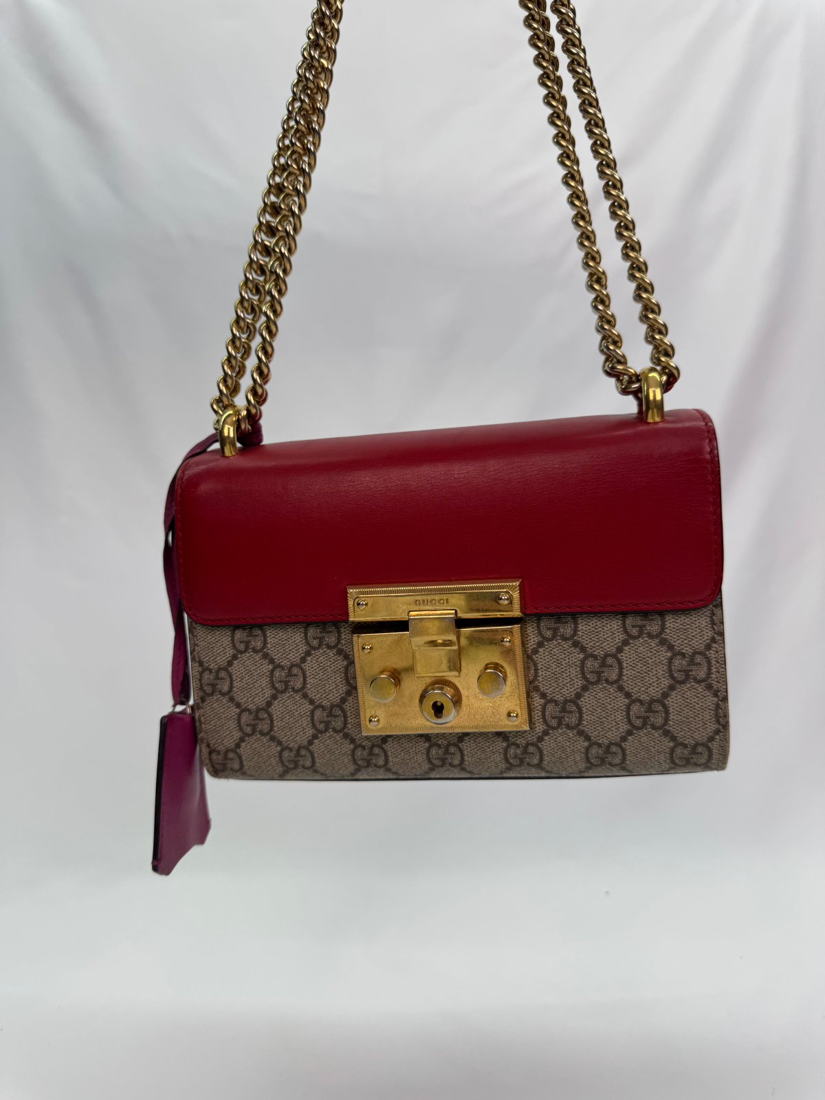 Gucci Beige/Red Small GG Supreme Padlock Crossbody