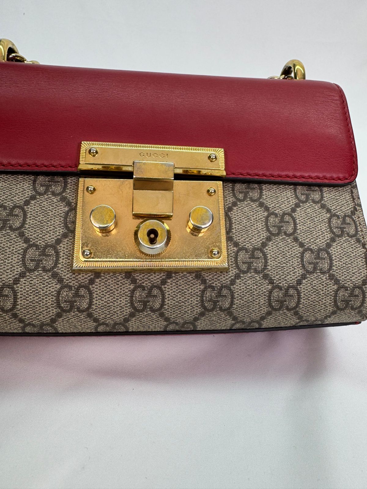 Gucci Beige/Red Small GG Supreme Padlock Crossbody