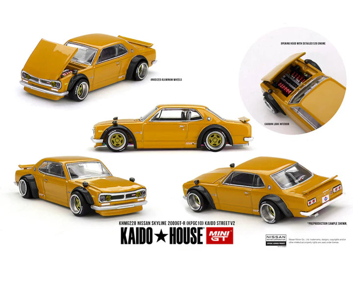 Kaido House x Mini GT 1:64 Nissan Skyline 2000 GT-R (KPGC10) Kaido Street V2 – Yellow KHMG22