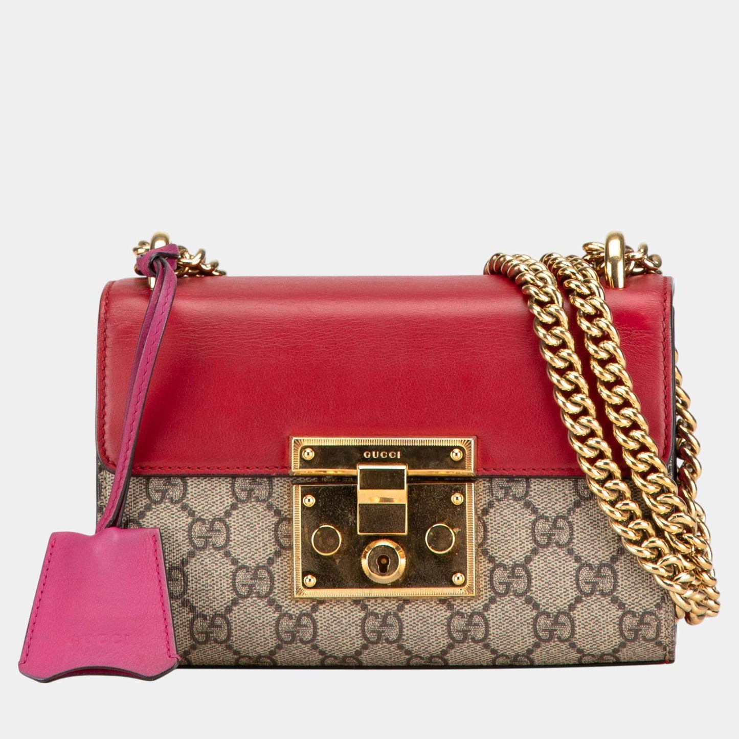 Gucci Beige and Red Small GG Supreme Padlock Crossbody Bag
