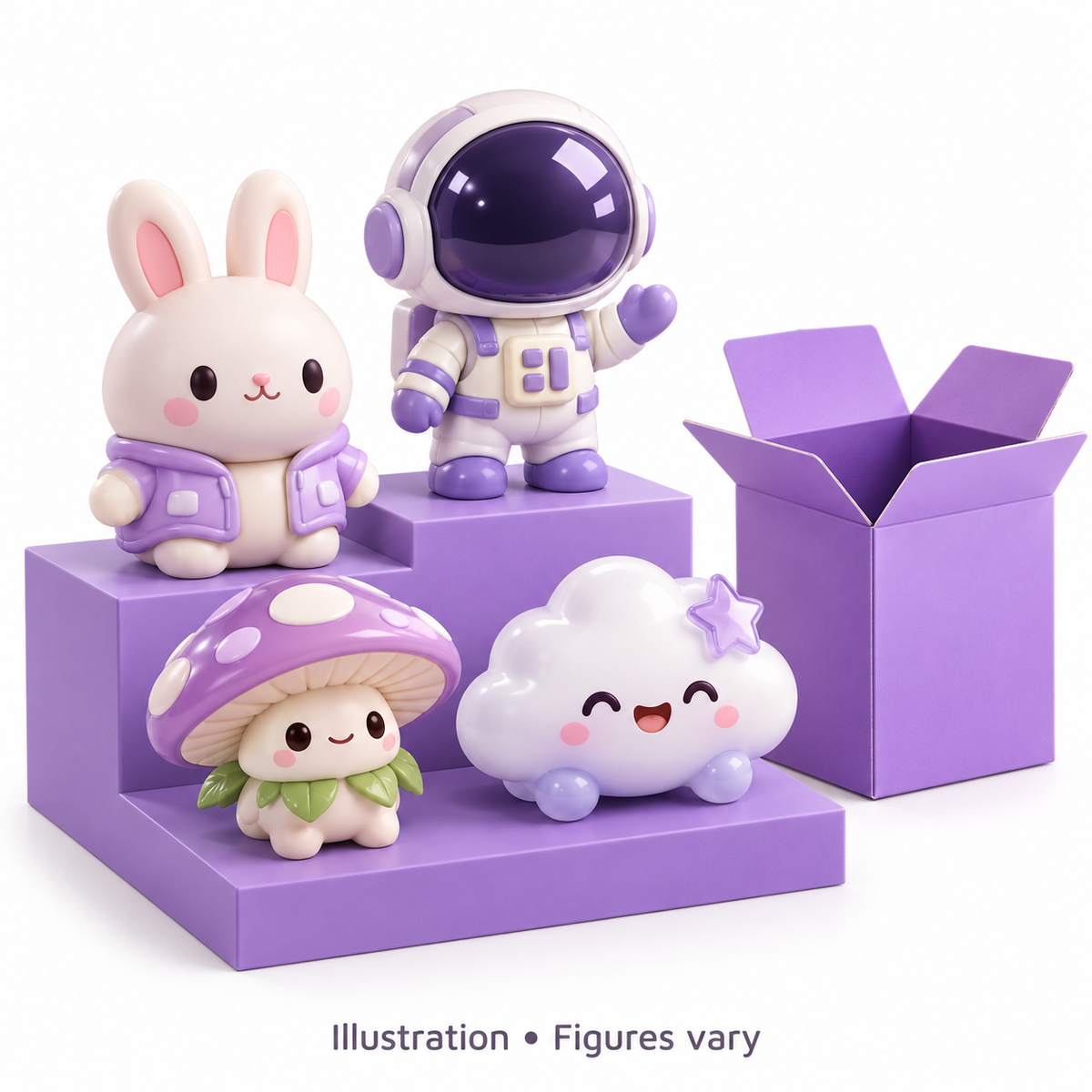 Generic illustration of opened blind-box collectible figures; actual figures vary