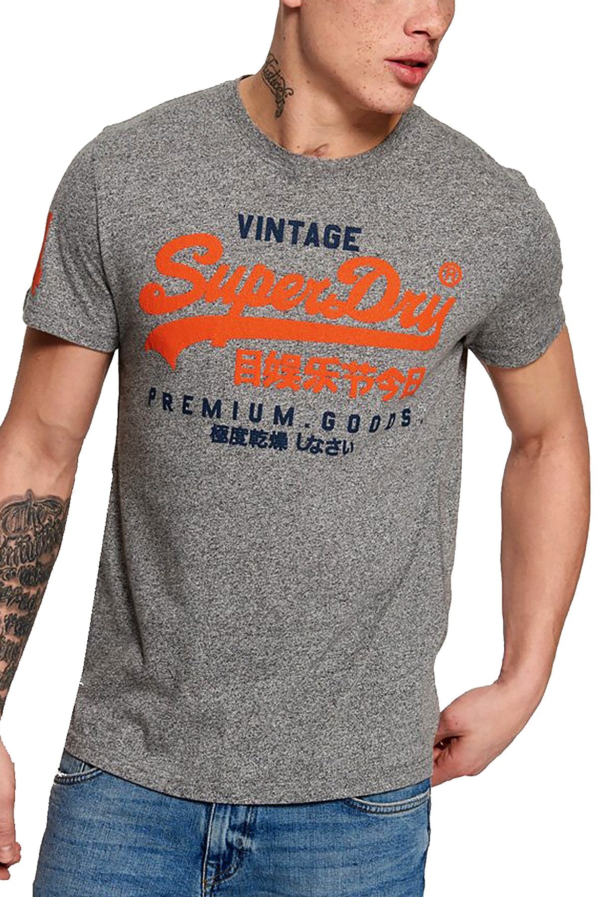 Superdry Premium Goods Duo Lite tee in grey grit with orange and navy graphic
