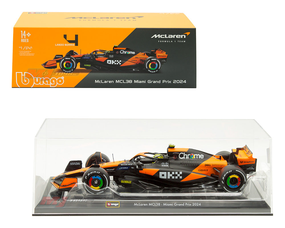 Bburago 1:24 McLaren Formula 1 Team MCL38 Miami Grand Prix 2024 #4 Lando Norris with Acrylic Case – Formula Racing