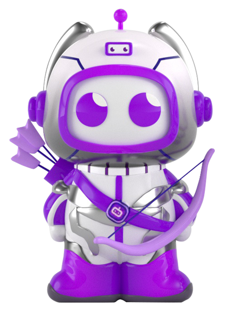 Robo Hunters' purple and white robot mascot carrying a bow