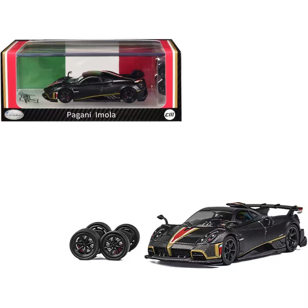 Pagani Imola Black Carbon with Red and Gold Stripes with Extra Wheels 1/64 Diecast Model Car by CM Models