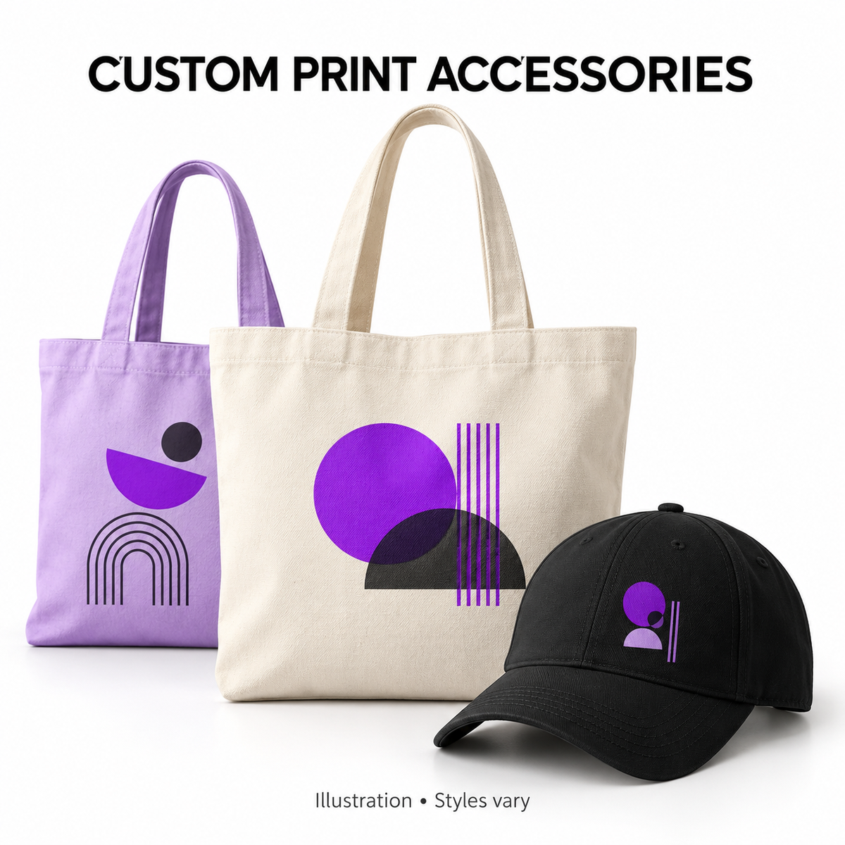 Generic custom print accessories illustration — tote bags and hat; styles vary