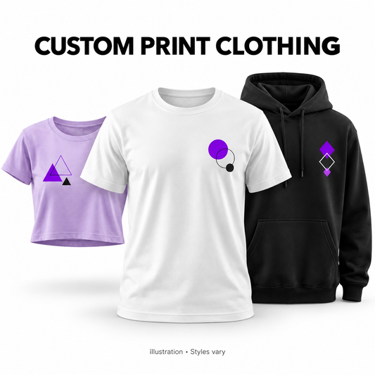 Generic custom print clothing illustration — T-shirts, crop tee and hoodie; styles vary