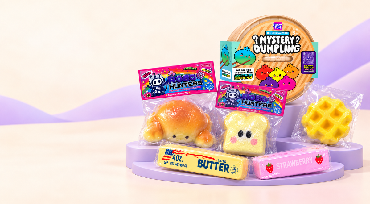 Robo Hunters croissant and toast squishies with a waffle, butter toys and RMS Mystery Bao Bun